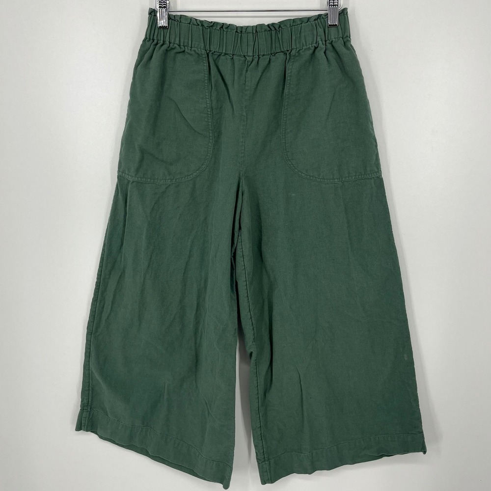 MIRTH Womens Green Cotton Linen Wide Leg Cropped Paperbag Waist Pants Size S